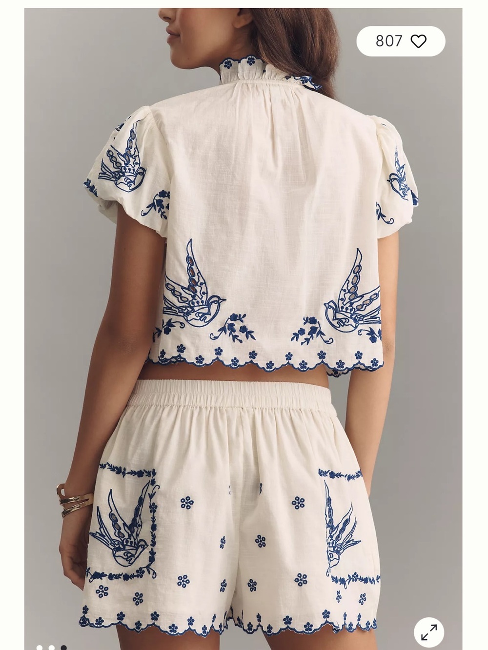 Anthropologie maeveEmbroidered Ivory Women's Shorts with Navy dainty Bird Accent - Picture 10 of 11